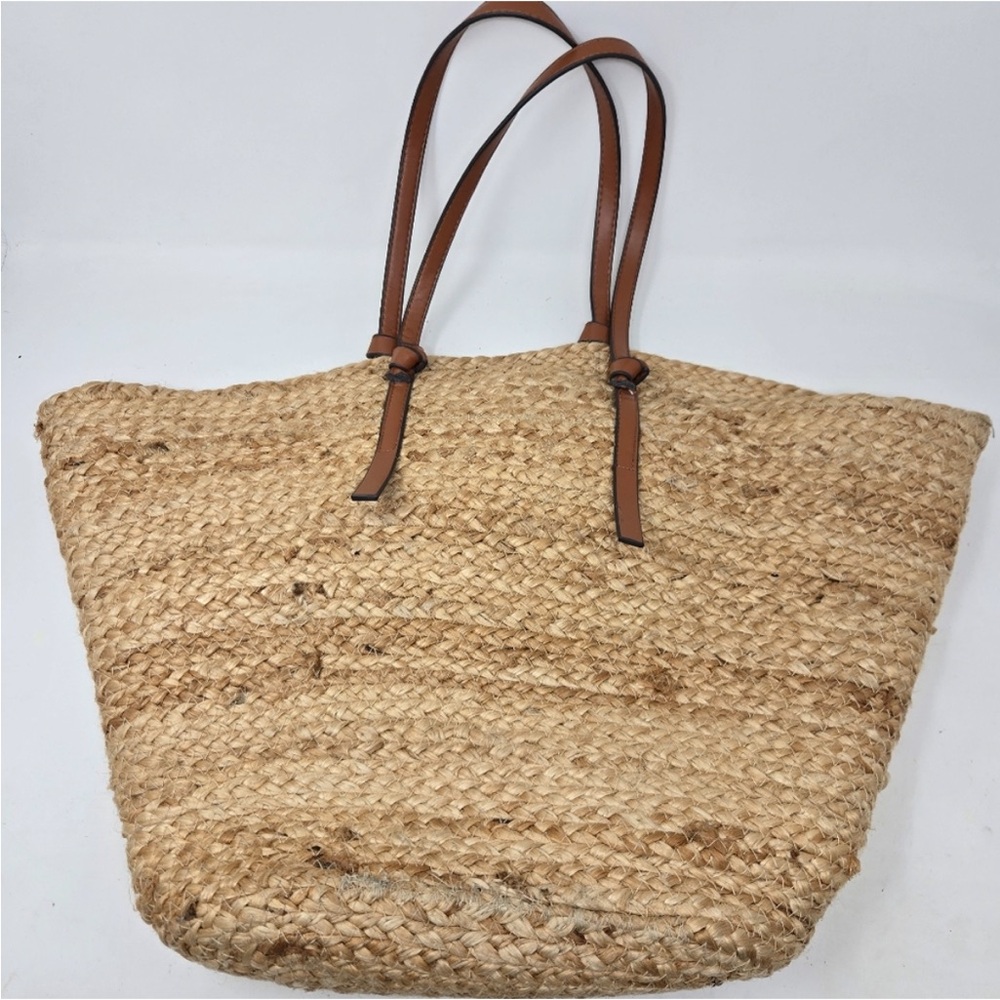 MANGO Large Natural Jute Basket Bag Canvas Drawstring Liner Leather Straps
